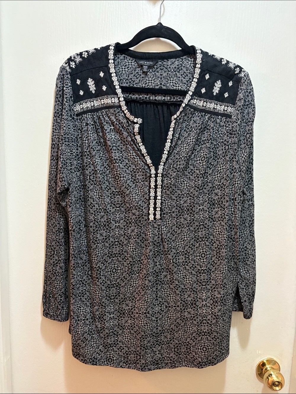 Lucky Brand Black and Gray Embroidered V-Neck Tunic